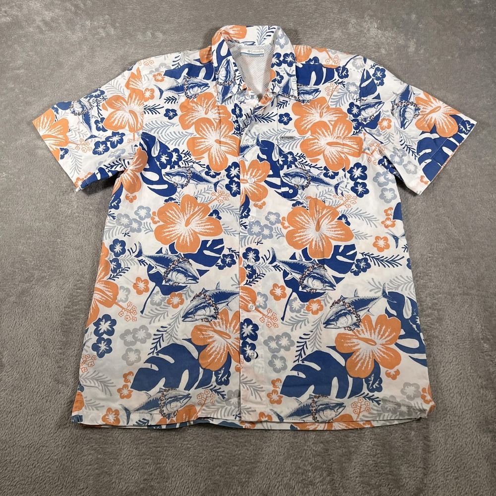 Columbia Shirt Mens Small Blue Orange Hawaiian Fish Vented Cotton Short Sleeve